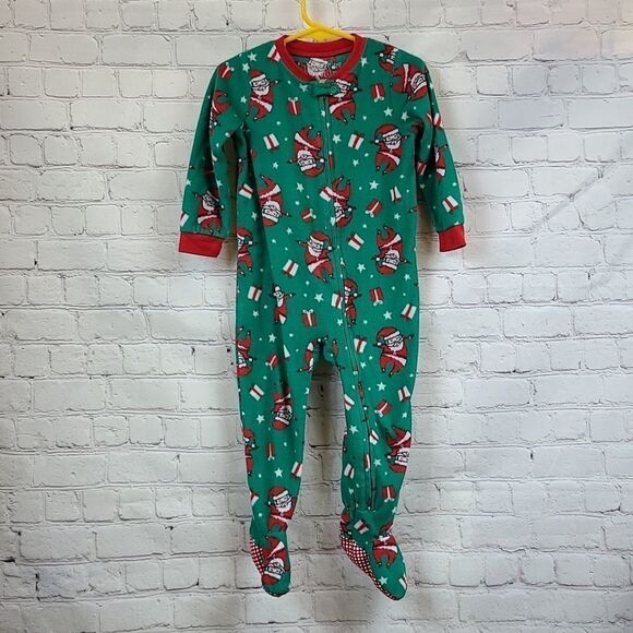 Christmas Santa Boy 24M Baby Toddler FLEECE Footed Winter PJs Pajama Green Red - Picture 2 of 6